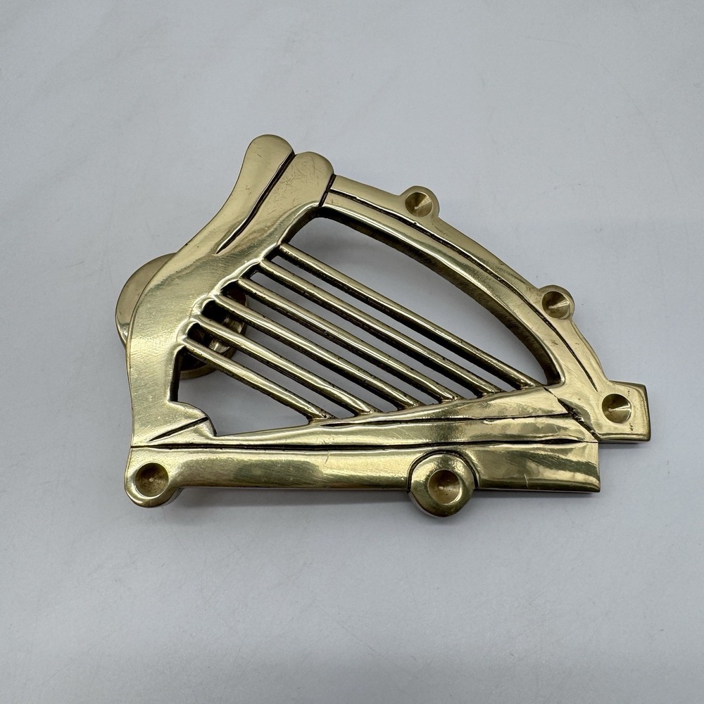 Vintage Solid Brass Music Harp Instrument Decor Door Knocker Handle Mid Century
